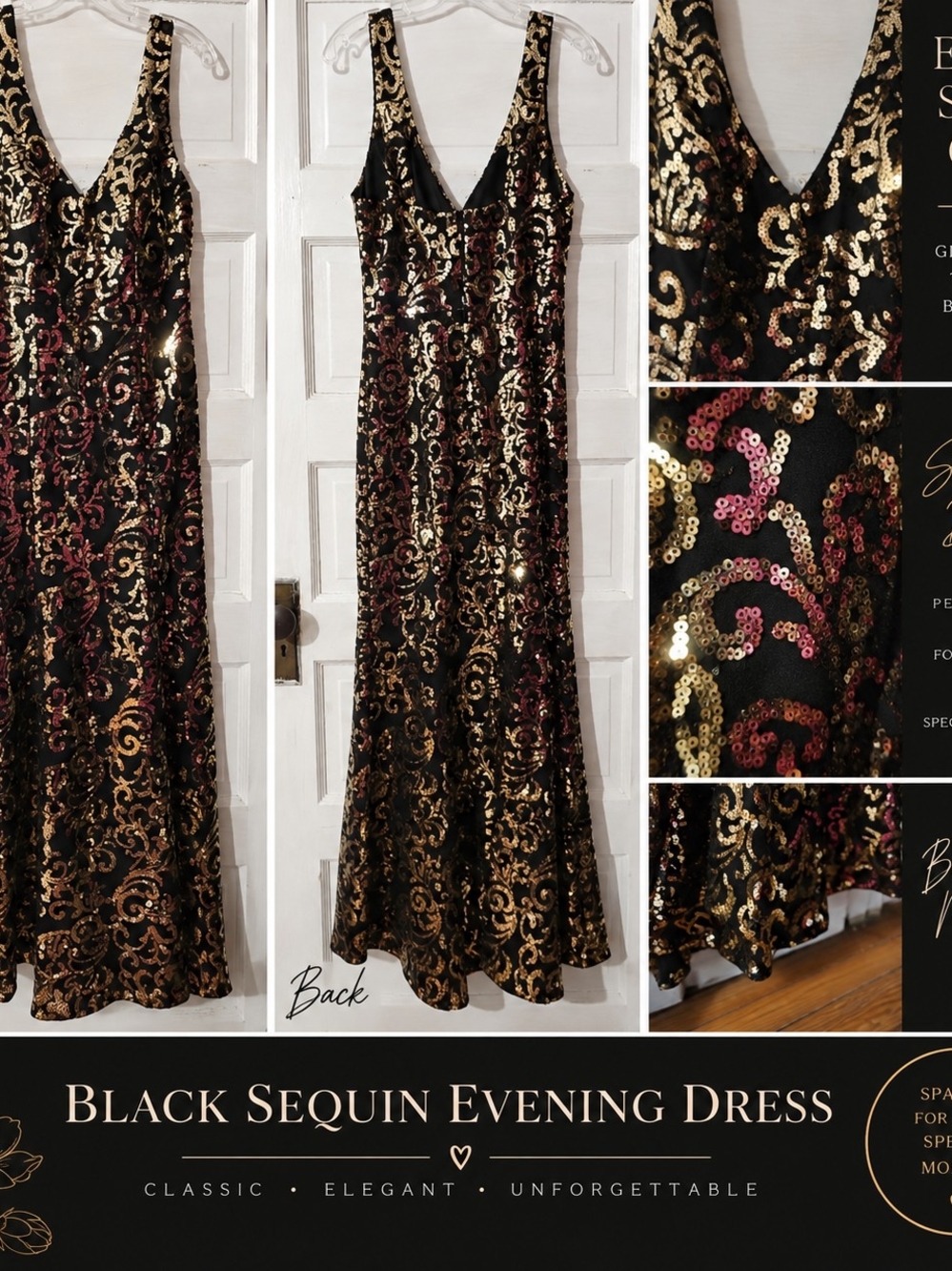 Black & Gold Sequin Maxi Dress Formal Evening Gown Sleeveless Sz 11